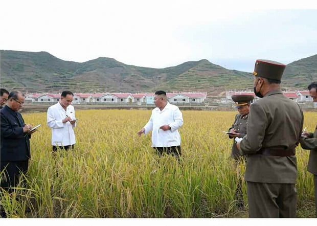 북한 김정은 국무위원장이 강원도 김화군 피해 복구 현장을 현지지도했다고 2일 노동당 기관지 노동신문이 보도했다. 김 위원장은 농작물 작황 상황을 보고받고 있다. (사진=연합뉴스)