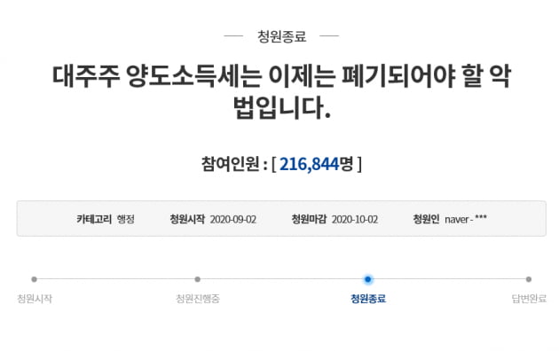 靑 대주주 3억원 기준 완화하나…양도세 폐지청원 답변 연기