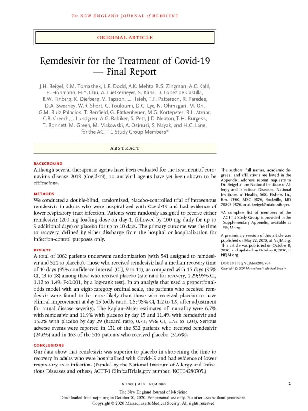 저널 : New England Journal of Medicine(IF 74.699), 게재일 : 2020년 10월 8일, doi : 10.1056/NEJMoa2007764