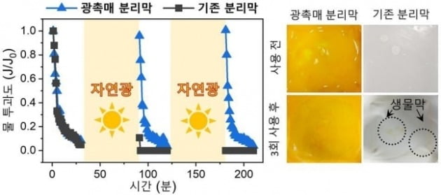 농도 미생물 오염수 여과 후 자연광 처리로 분리막의 물 투과 성능이 완전히 회복됨을 보여줌. [자료=한국과학기술연구원 제공]