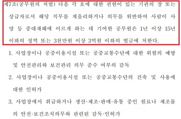 정의당이 발의한 중대재해기업처벌법에는 공무원 처벌 규정이 명시돼 있다. 자료=국회