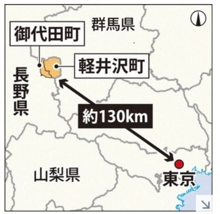 코로나19의 영향으로 도쿄에서 북서쪽으로 130km 떨어진 가루이자와로 이주하는 도시인들이 늘고 있다.(자료 : 마이니치신문)