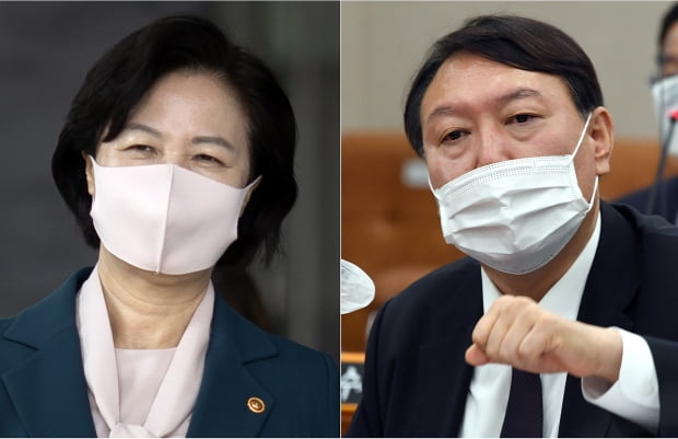 (왼쪽부터) 추미애 법무부 장관과 윤석열 검찰총장. 사진 = 연합뉴스