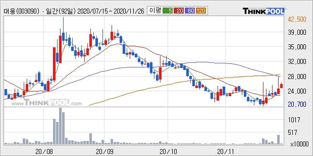 대웅, 전일대비 5.57% 상승... 이 시각 거래량 42만3376주