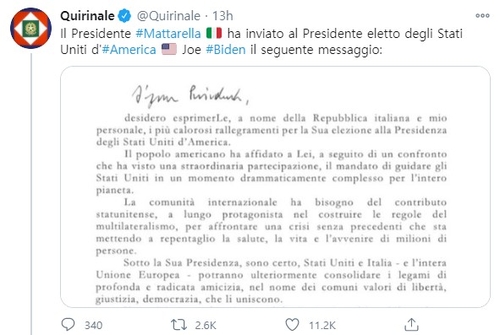 [바이든 당선] 이탈리아 대통령·총리 "양국 관계 발전 기대"