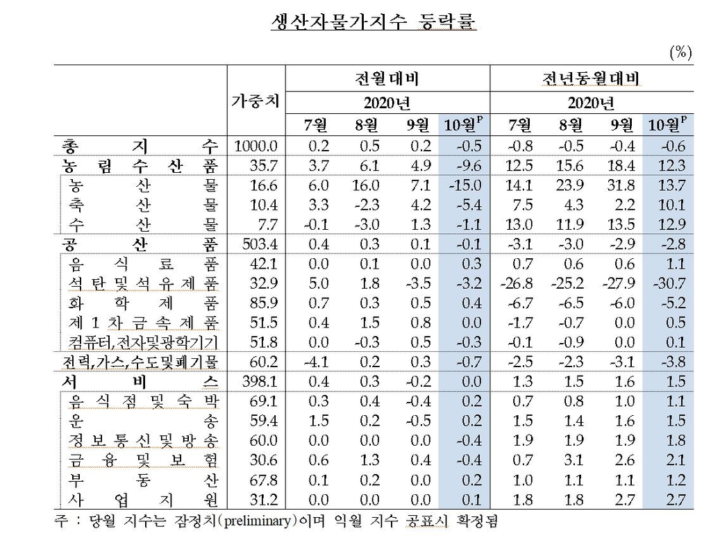 10월 생산자물가 5개월 만에 하락…농림수산품 9.6%↓