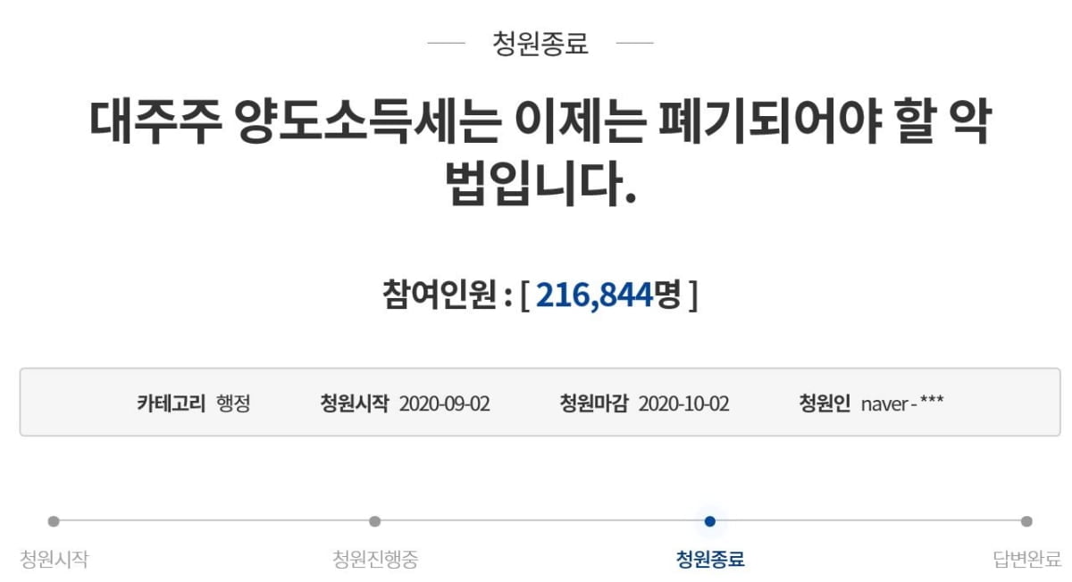 청와대, 대주주 양도소득세 폐기 국민청원 답변 연기