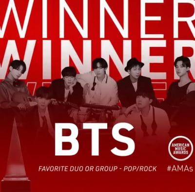 방탄소년단, '2020 AMAs' 2년 연속 팝·록 페이보릿 그룹 수상 영예 [공식]