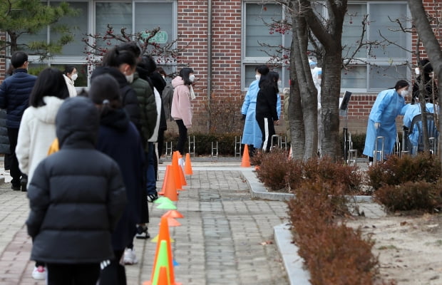 20일 강원 춘천시 한 초등학교에 마련된 임시 선별진료소에서 어린이들이 신종 코로나바이러스 감염증(코로나19) 검사를 받기 위해 줄지어 서 있다./ 사진=연합뉴스