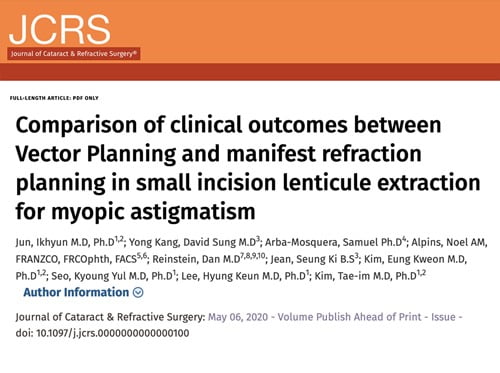  SCI 학술지 JCRS에 등재된 “스마일(SMILE) 수술 시 안구잔여난시 감소시키는 Vector Planning” 논문