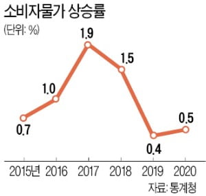 작년 소비자물가 0.5%↑…사상 첫 '2년째 0%대'