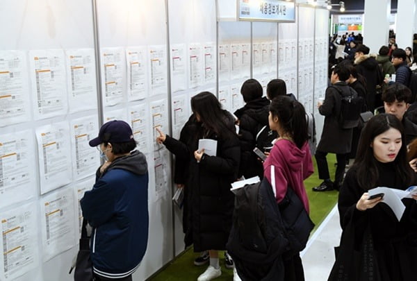 서울 서초구 aT센터에서 열린 2020 공공기관 채용정보 박람회를 찾은 학생과 구직자들이 채용게시판을 보고 있다. 2020.1.8
/허문찬기자  sweat@hankyung.com