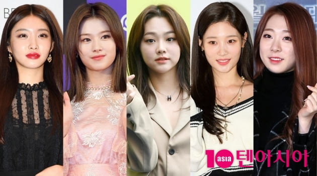 가수 청하(왼쪽부터), 트와이스 사나, 구구단 미나, 다이아 정채연, 우주소녀 유연정 / 사진=텐아시아DB