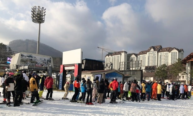 지난달 27일 임시개장한 강원 평창군 용평리조트 스키장에서 스키어·스노보더들이 줄지어 리프트 탑승을 기다리고 있다. /사진=연합뉴스