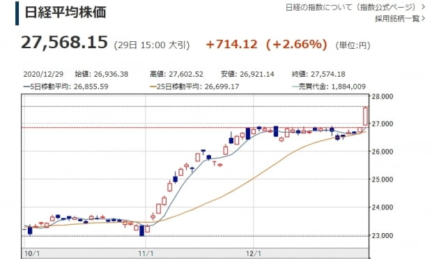 日닛케이지수 27,000선 회복…30년 만의 최고치 마감