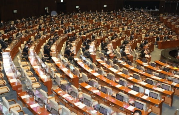 10일 오후 서울 여의도 국회에서 열린 본회의에서 공수처(고위공직자범죄수사처)법 개정안이 가결된 후 항의 퇴장한 국민의힘 의원들의 자리가 비어 있다. /사진=뉴스1