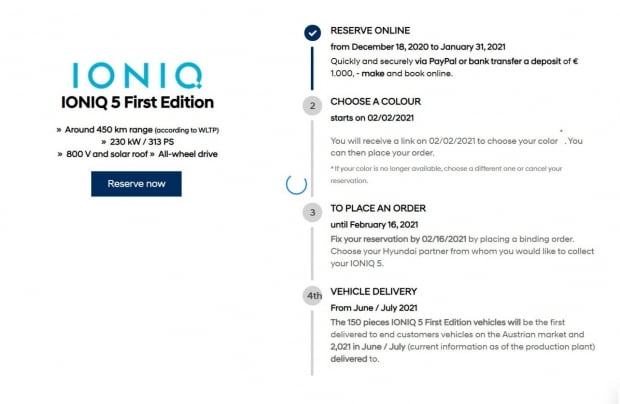 오스트리아 한 판매대리점이 공개한 아이오닉5 사전예약 일정. 사진 = 보배드림