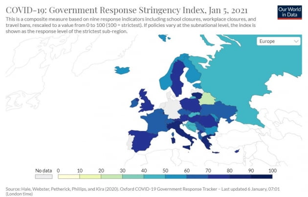 유럽 각국의 봉쇄조치 수준. 자료=로이터통신