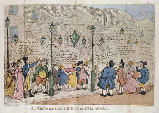 런던 팰맬가의 가스등 캐리커처, 1809년, 토머스 로울랜슨의 동판화(우드워드 드로잉)