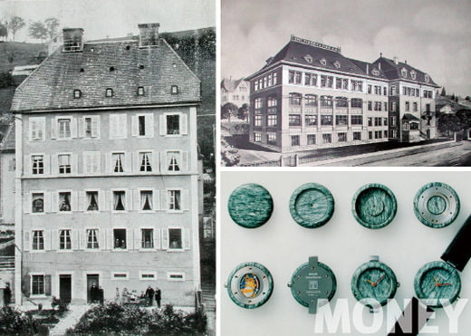 (왼쪽) 1853년 스위스 르 로끌에 처음 지어진 티쏘 본사 (오른쪽 위) 1918년 티쏘 본사 전경 (오른쪽 아래) 1988년 제작된 최초의 목재 손목시계