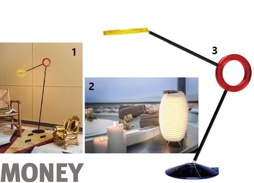 1 세계문화유산인 르 코르뷔지에 건축물에 전시된 라문의 아물레또 플로어 장스탠드. 2 블루투스 스피커와 아이스쿨러로도 활용할 수 있는 쿠두의 LED 무드 램프, 시너지(Synergy). 3 ‘이 램프는 행운을 가져다줍니다(questa lampada porta fortuna)’라는 문구가 제품 하단에 새겨진 라문의 아물레또.