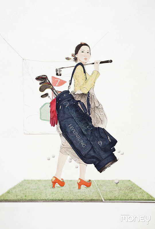 ‘주부9단의 봄날’, 2014년, 한지 위에 수묵담채·콜라주, 191×130cm