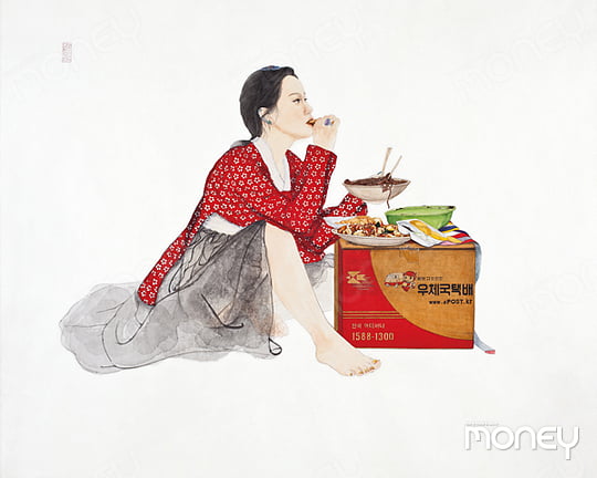‘완벽한 밥상’, 2014년, 한지 위에 수묵담채·콜라주, 130×162cm