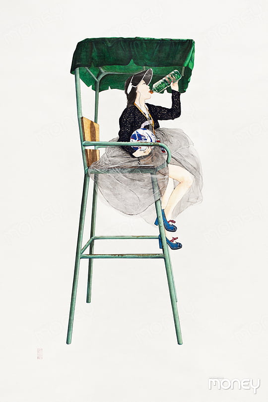 ‘갈증, 오아시스를 찾아’, 2014년, 한지 위에 수묵담채·콜라주, 190×120cm