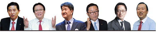 왼쪽부터) 임영록 KB금융지주 회장, 박근희 삼성생명 부회장, 김창수 삼성화재 사장, 박현주 미래에셋그룹 회장, 정태영 현대카드 사장, 정상기 미래에셋자산운용 부회장.