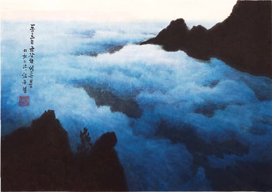 선우영, ‘동 트는 금강산 세존봉’, 2002년, 한지에 채묵, 72×50cm