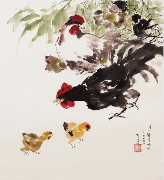 정창모, ‘어미닭의 마음’, 2004년, 한지에 채묵, 64×71cm