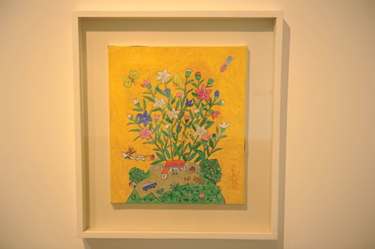 ‘제주 생활의 중도(도라지꽃)’, 2011년, 한지 위에 혼합, 45×53cm