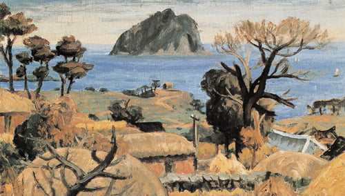 <섶 섬이 보이는 서귀포 풍경>, 1951년, 나무판에 유채, 41×71cm, 개인 소장