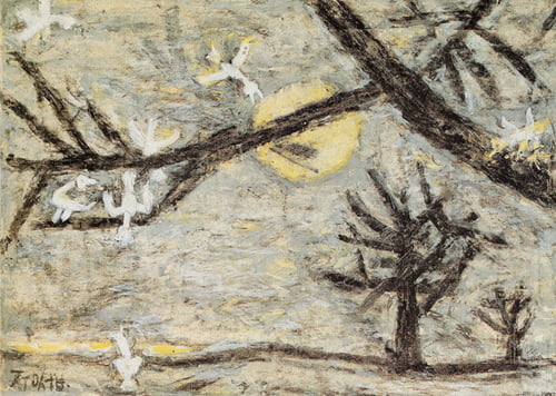 <나무와 달과 하얀 새>, 1955년, 종이에 크레용과 유채, 14.7×20.4cm, 개인 소장