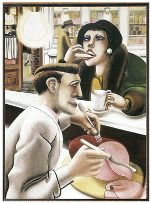 <간이식당>모자와 안경을 쓰고 샌드위치를 먹는 남자와 바깥의 하반신만 드러낸 매춘부는 도시의 익명성을 대변한다.