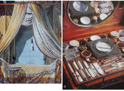 3 군막을 상징하는 침대와 함께 그려진 그림의 일부로 앙피르가 전쟁의 시대였음을 보여준다./ 4 조제핀이 즐겨 사용한 화장용구들로 자개 손잡이가 우아함을 더한다.