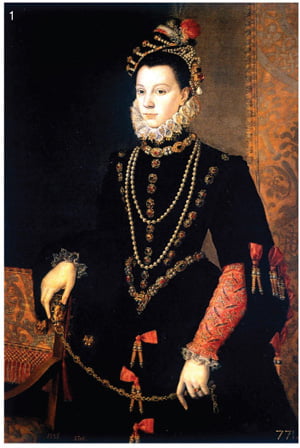 1. 프랑스 앙리 2세와 카트린느 메디치의 딸로서 스페인 펠리페 2세의 왕비인 이사벨 엘리자베스. 금장식 진주로 성숙미를 강조했다.