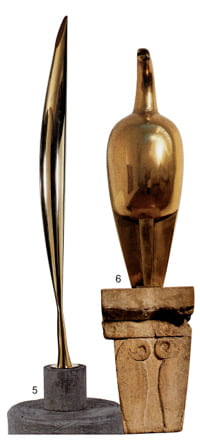 (좌) 공간 속의 새, 1923년, 브론즈, 185.5×45.7cm, 개인 소장, (우)<마이아스트라>, 1912년, 브론즈 및 석회암 62.3cm, 55.5×59.7cm 런던 더 테이트 갤러리