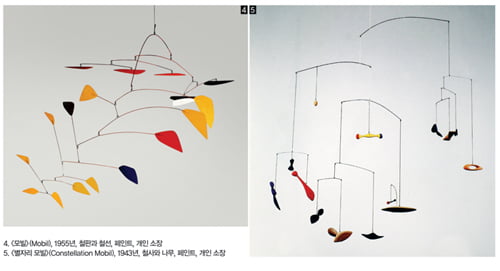 <모빌>(Mobil), 1955년, 철판과 철선, 페인트, 개인 소장(좌), <별자리 모빌>(Constellation Mobil), 1943년, 철사와 나무, 페인트, 개인 소장(우)