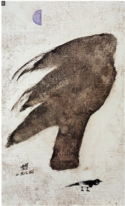 <나무와 까치>, 1986년, oil on canvas, 33.5x20cm, 개인 소장