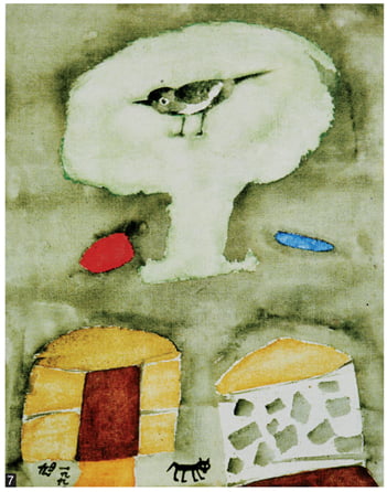 <까치와 마을>, 1990년, oil on canvas, 42x31cm, 유족 소장
