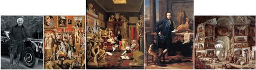 1. 랄프 로렌이 그의 클래식 카 앞에 서있는 모습 2. 18세기 조각과 그림 수집가들의 모습 3. 18세기 고전 붐을 반영하는 고대 조각들을 컬렉션 갤러리 4. 그래드 무어 시대에 영국의 귀족이 로마에서 수집한 앤티크 앞에 서있다. 5. 다양한 오브제와 그림들을 컬렉션하는 인테리어의 18세기 모습
