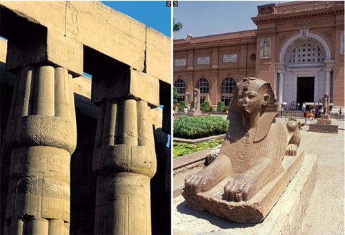 (좌) 고대 이집트의 건축술은 정교해 기둥에서도 섬세함이 느껴진다. 고고학박물관 앞의 스핑크스상