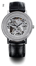 브릴리언트 컷 다이아몬드가 72개에서 144개까지 세팅돼 있는 화려한 시계. 피아제 알티플라노 젬-셋(Gem-Set) 스켈레톤