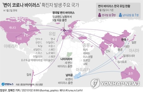 '영국발' 변이 바이러스 감염자 2명 늘어…변이 감염자 총 12명