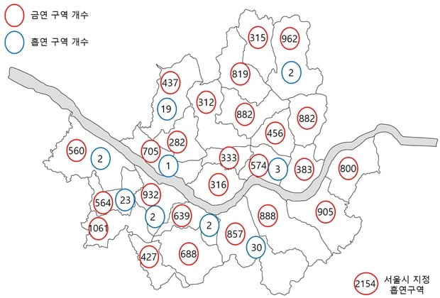 서울시와 26개 구 지정 금연, 흡연구역 지도. 자료=공공데이터 포털 및 구청 보건소
