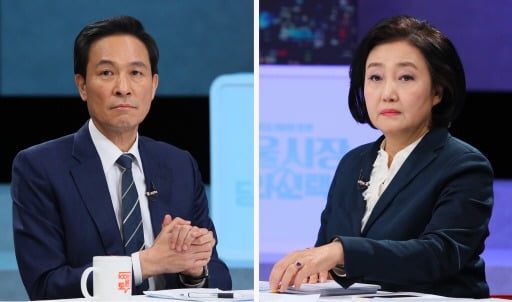 더불어민주당 박영선(오른쪽), 우상호 서울시장 경선후보가 지난 15일 서울 마포구 상암동 MBC에서 열린 ‘100분 토론’에서 토론을 하고 있다. 연합뉴스