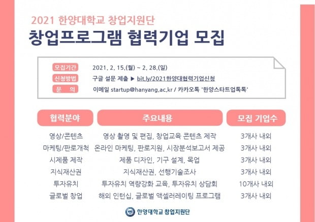 한양대, 2021년도 창업프로그램 운영 협력기업 모집