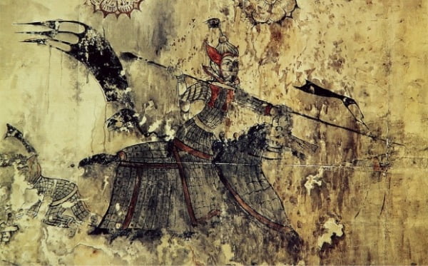 중국 지안 통구 12호분에서 발견된 개마무사 그림. 갑옷을 두른 말을 탄 무사가 장창을 들고 있다. 