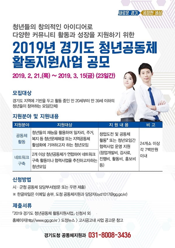 경기도, &#39;2019 청년공동체 활동지원사업&#39; 참여 단체 3월 15일까지 모집